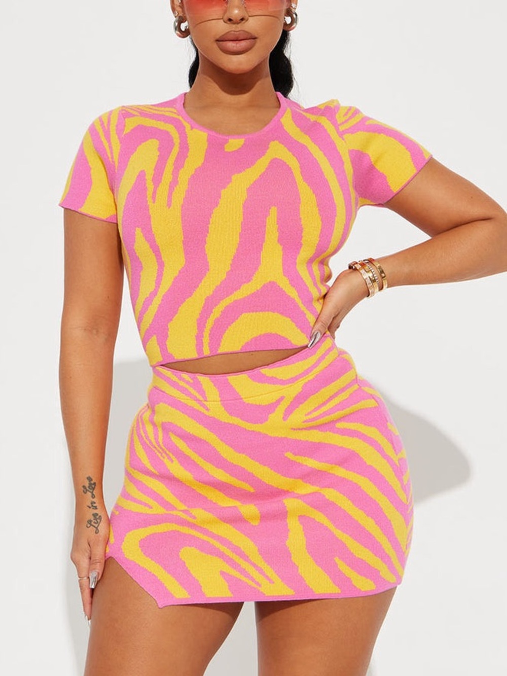 NWOT Fashion Nova Pink and Yellow Zebra Knit Skirt Set